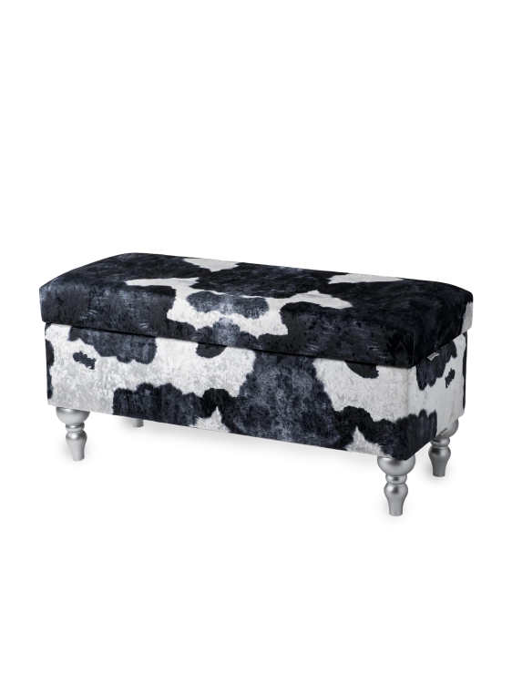 Pufa ze schowkiem z tapicerką w wzór krowy, wygodna i dekoracyjna do wnętrza