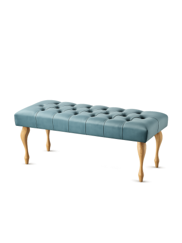 Miętowa pikowana ławka z drewnianymi nogami