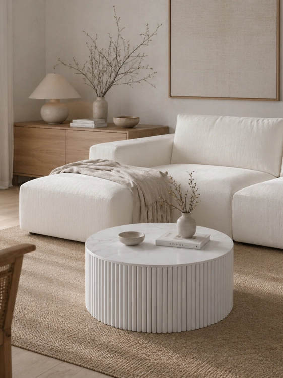 nowoczesny stolik w kolorze biały z ryflowaną podstawą i kamiennym blatem