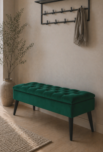 Pikowana pufa w butelkowej zieleni ze schowkiem, elegancka i pojemna przestrzeń