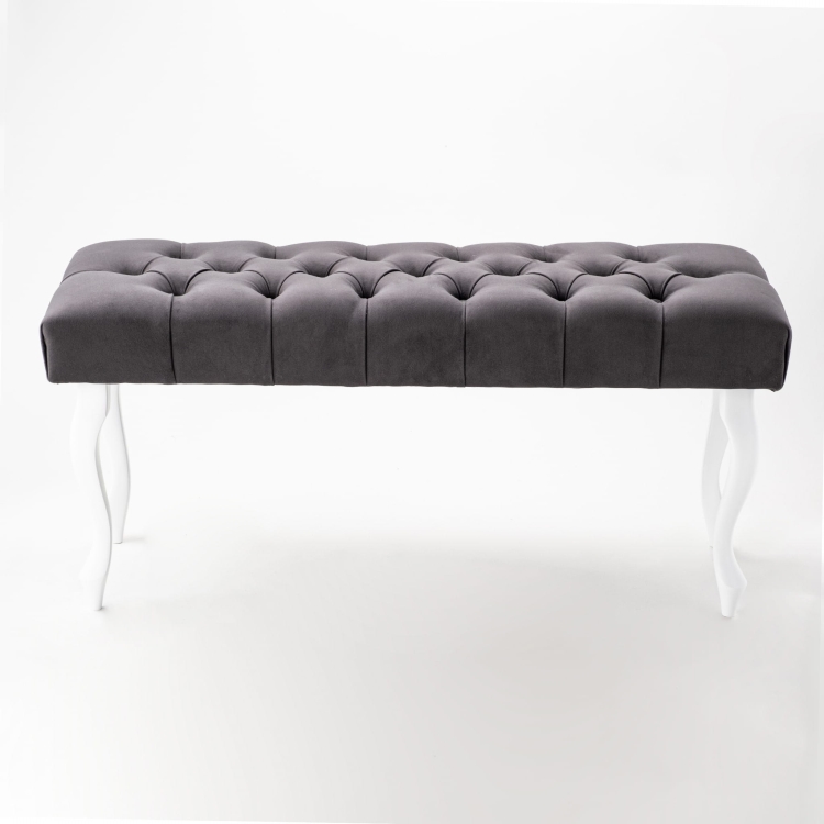 Stylowa pikowana ławka w kolorze antracytowym z białymi nogami