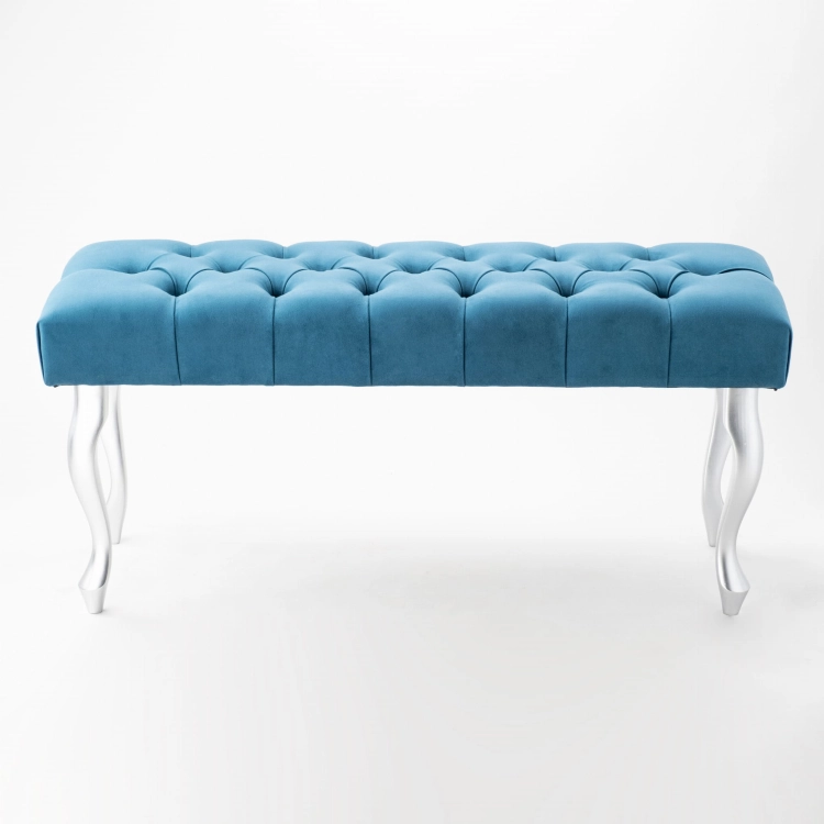 Pikowana ławka turkusowa na srebrnych nogach