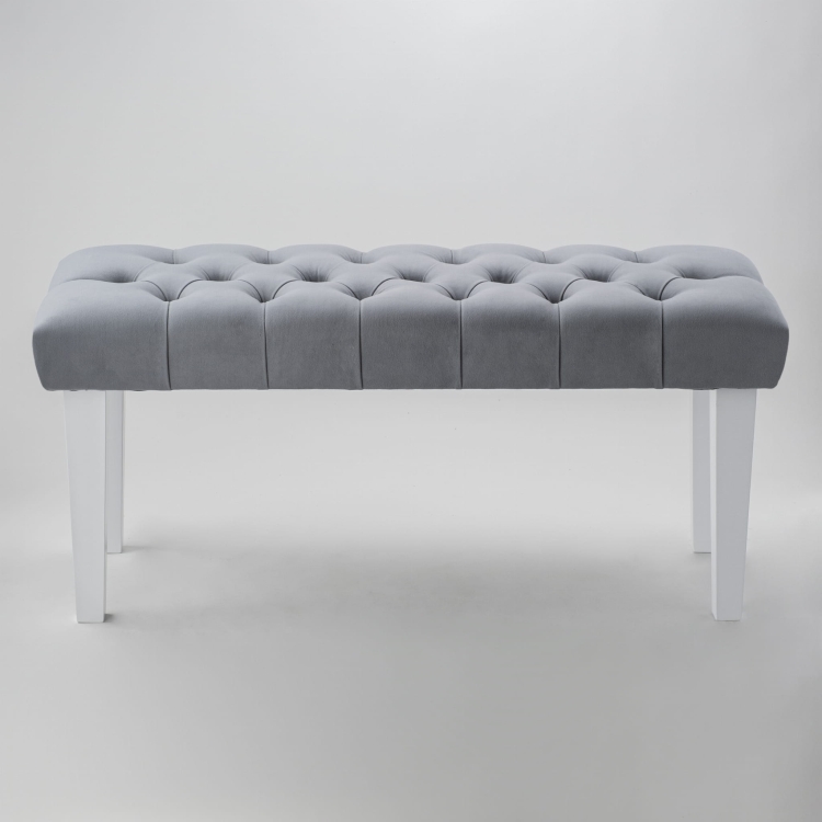 Ławka pikowana w kolorze szarym z prostymi białymi nogami