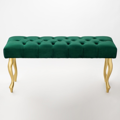 Pikowana ławka w butelkowej zieleni ze złotymi nogami