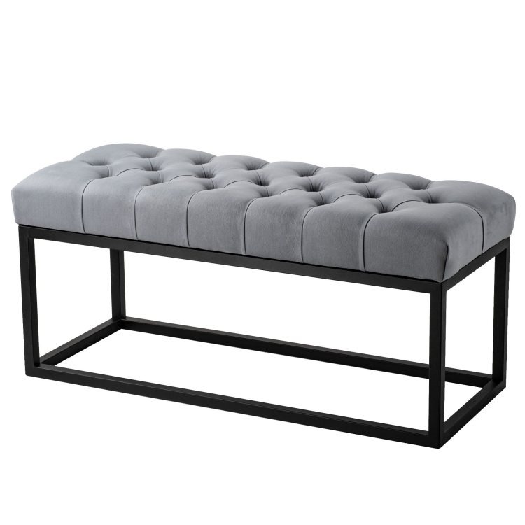 Pikowana ławka w szarym kolorze na metalowych nogach
