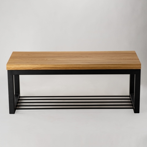 Ławka industrialna z drewnianym blatem i metalową półką