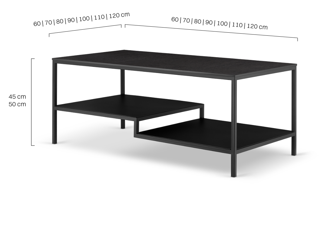 Kwadratowy stolik kawowy z czarnym kamiennym blatem, stalową ramą i półką