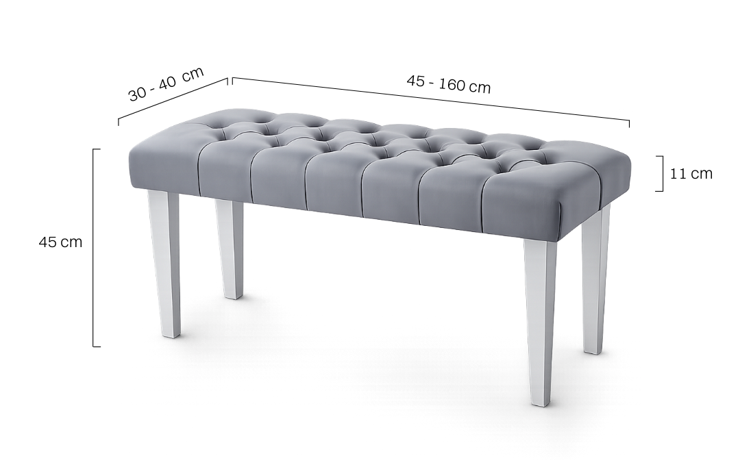 Stylowa ławka w kolorze szarym z pikowaną tapicerką i białymi nogami