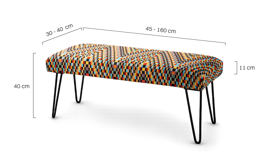 Loftowa ławka z tapicerką we wzory i czarną metalową podstawą w kształcie pinów