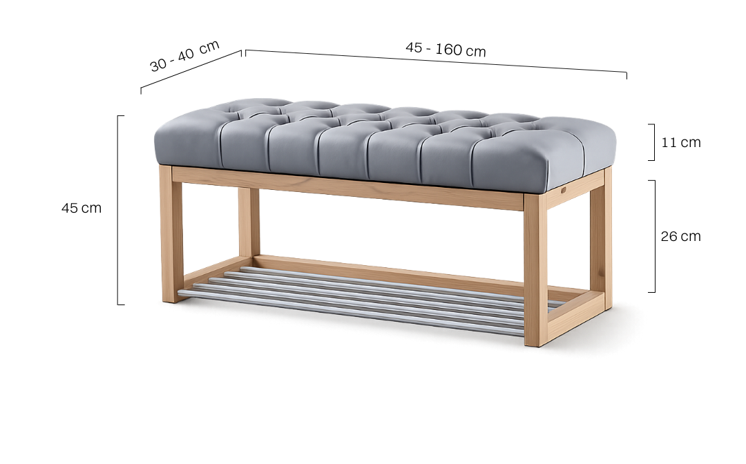 Ławka z pikowanym siedziskiem w kolorze szarym i drewnianą konstrukcją