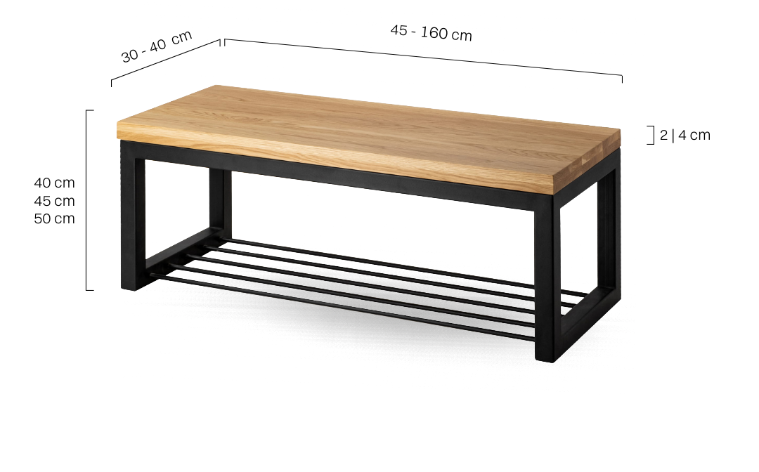 Ławka metalowa z półką na buty i drewnianym blatem, idealna do loftowych wnętrz