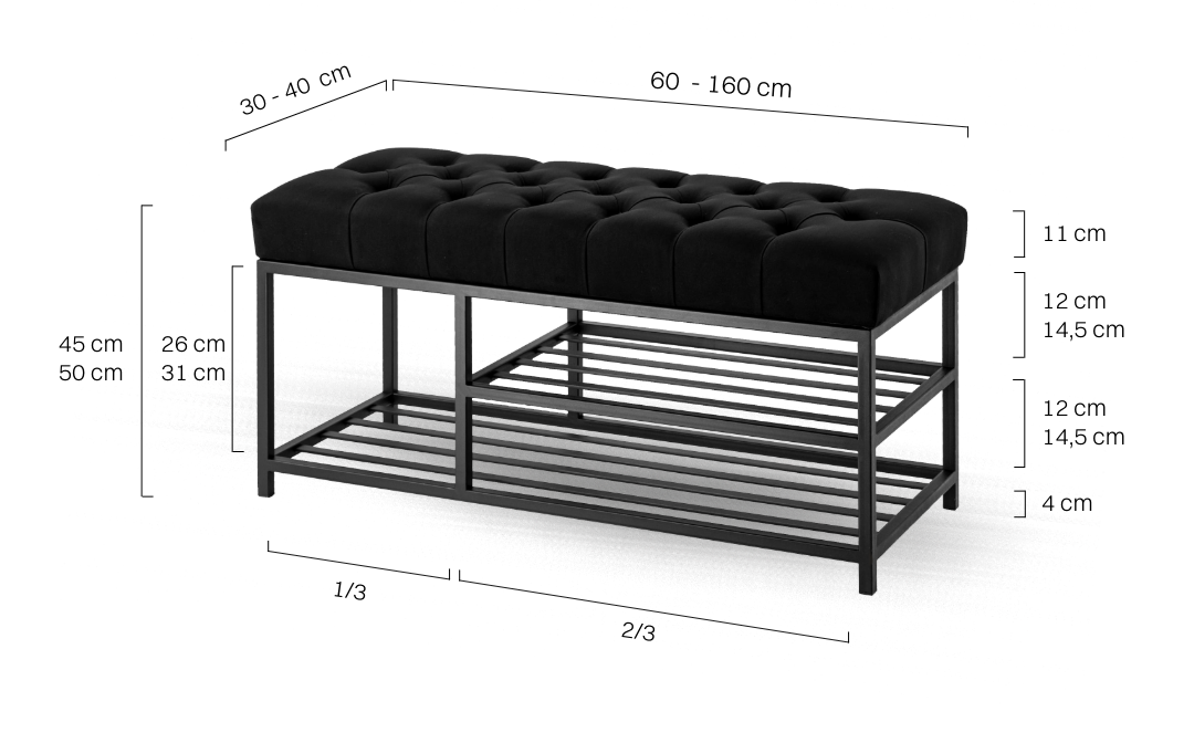 Pikowana industrialna ławka w kolorze czarnym z metalowymi półkami