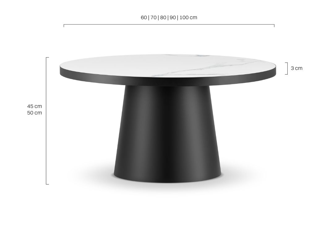 Nowoczesny stolik kawowy z kamiennym blatem i stalową okrągłą podstawą do salonu