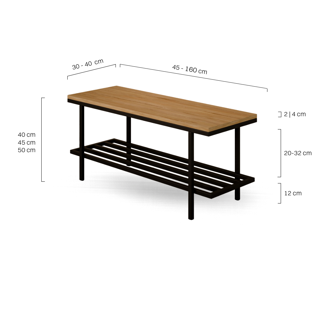 Nowoczesna industrialna ławka z drewnianym blatem na stalowej konstrukcji