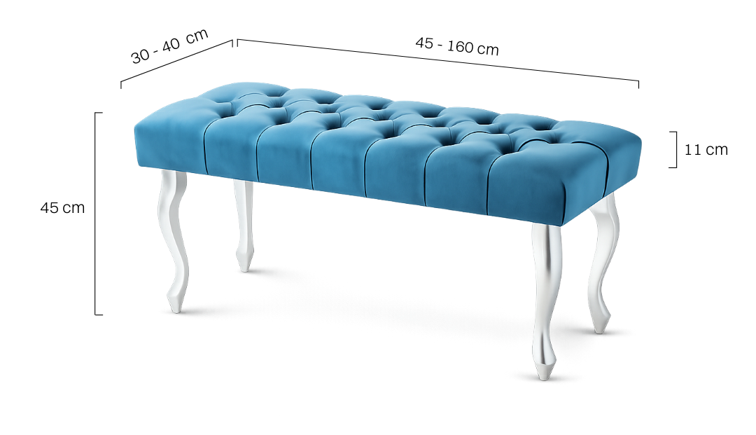 Stylowa turkusowa pikowana ławka z metalowymi srebrnymi nogami