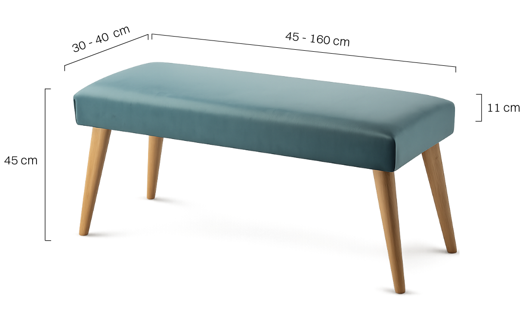 Stylowa ławka w kolorze miętowym z tapicerką i drewnianą podstawą idealna do salonu lub przedpokoju