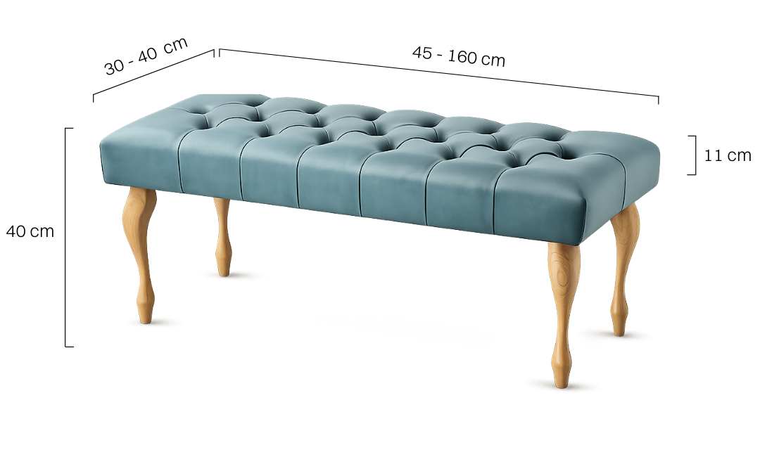 Miętowa pikowana ławka z drewnianymi nogami